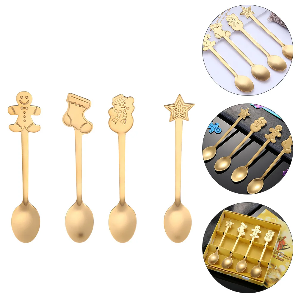 

4pcs Stainless Steel Coffee Spoon Christmas Style Mirror Polish Long Handle Dessert Tea Stirring Mixing Spoon Kitchen Bar Tool