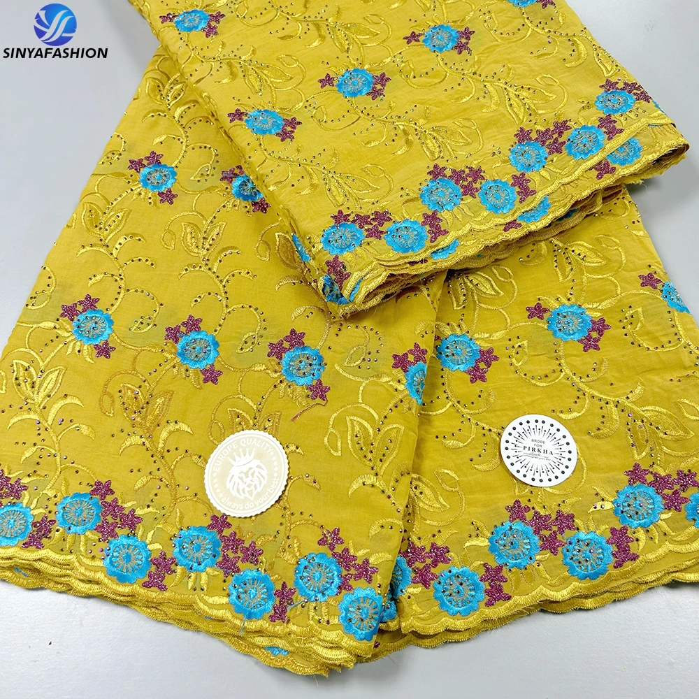 

Sinya Gold African Embroidered Cotton Swiss Lace Fabric High Quality Voile Lace With Stones For Wedding Party Dress