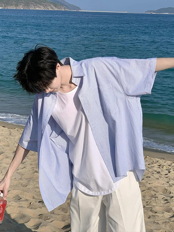 

Tian Blue Striped Short Sleeve Ice Silk Quick Dry Men's Shirt Summer Youth Fashion Sun Protection Outerwear Loose Fit Regular...