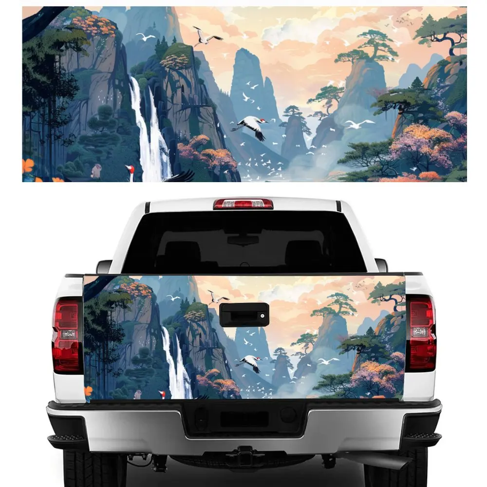 

Waterfalls Red Crowned Cranes Print Car Tail Trunk Protect Vinly Decal Auto Accessories Hood Decor Sticker for Off-road Pickup