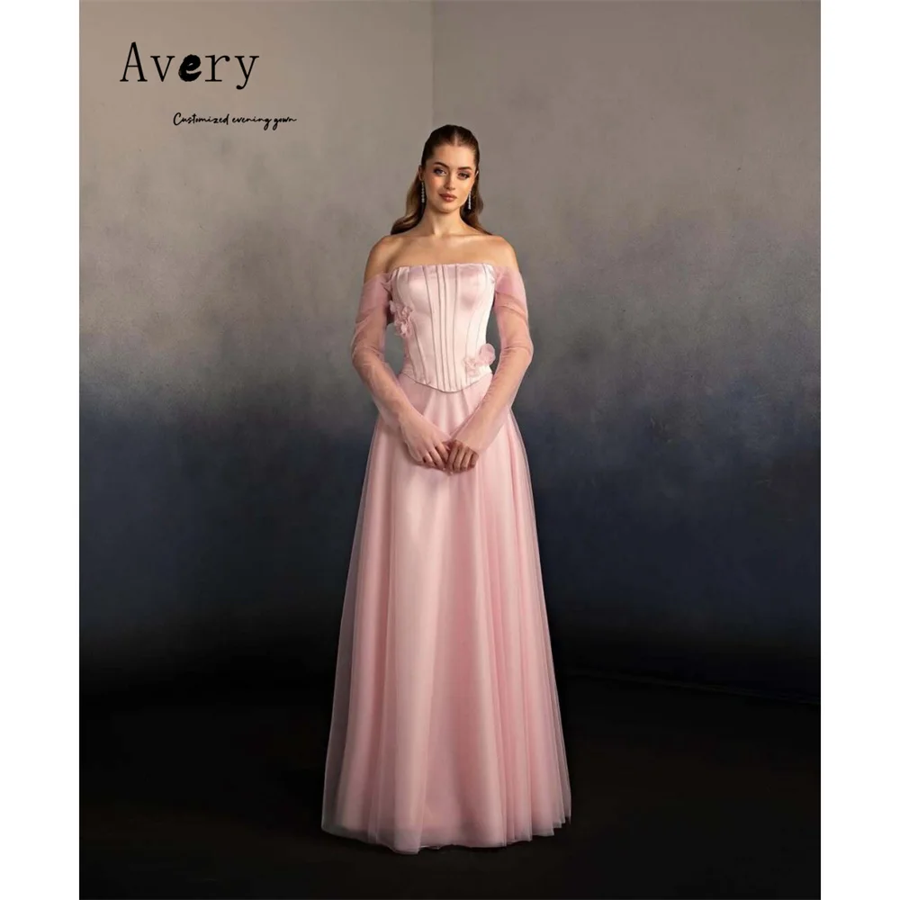 

Изысканное вечернее платье Avery 2026: розовое, А-силуэт, с цветами, открытыми плечами, для вечеринок, длинное, для выпускного бала
