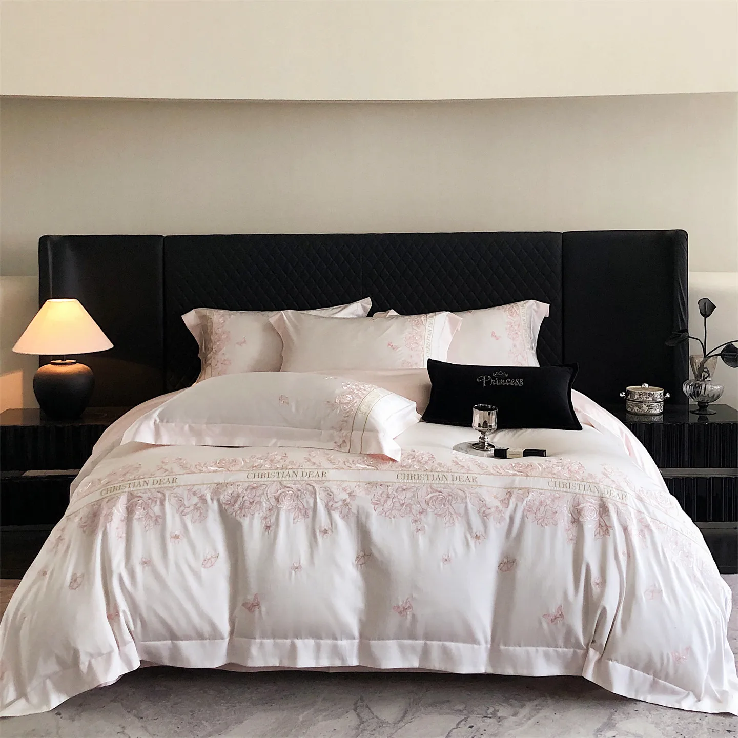 Pink Egyptian Cotton Flowers Embroidery Bedding Set Duvet Cover Bedspread Sheet Pillowcases Mattress Cover King Queen Size