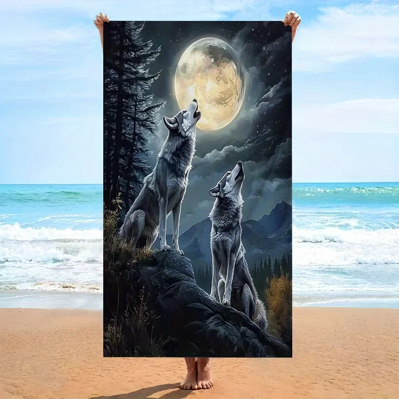 1pc Moonlit Wolves Theme Beach Towel Soft Microfiber Fabric Bath Towels Unisex Oversized Towel for Swimming Travel Camping