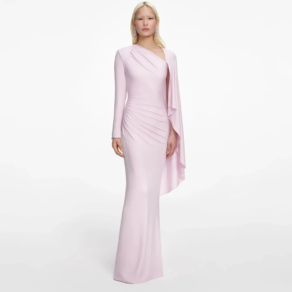 

Simple Prom Gowns Long Sleeves Satin Pleat Straight Floor Length with Shawl Evening Dress Customized Pale Pink Party Dress