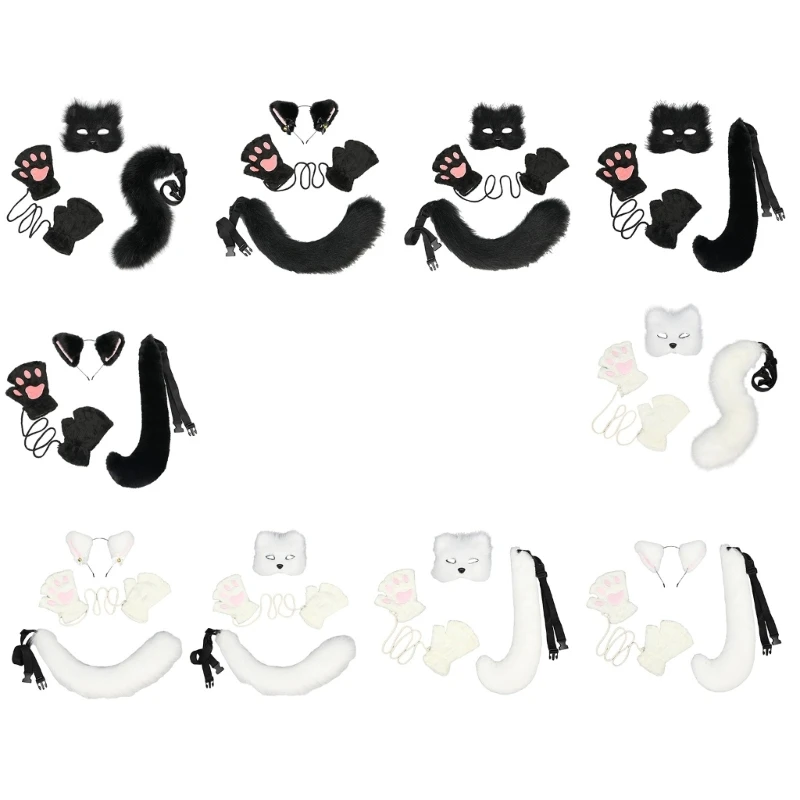 

Foxes Tail Plush Mask Furry Gloves Set Animal Mask Halloween Cosplay Costume Set