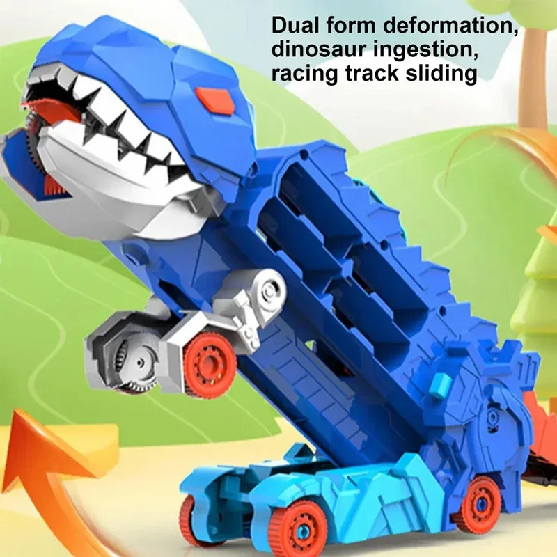 Dinosaur Car Transformable Toy Set Simulation Swallowing Car Transformable Dinosaur Track Car with 4 Alloy Cars Children\'s Gift