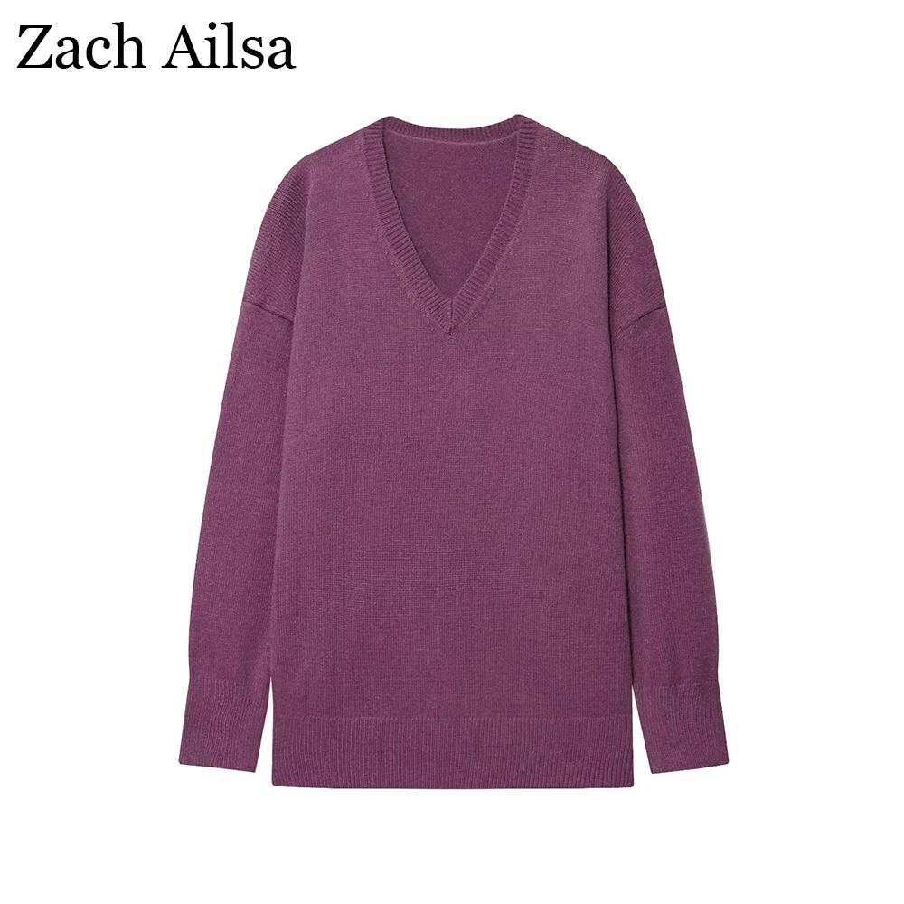 

Новая осенняя женская одежда в европейском и американском стиле, повседневный темпераментный простой свободный вязаный свитер с v-образным вырезом и длинными рукавами