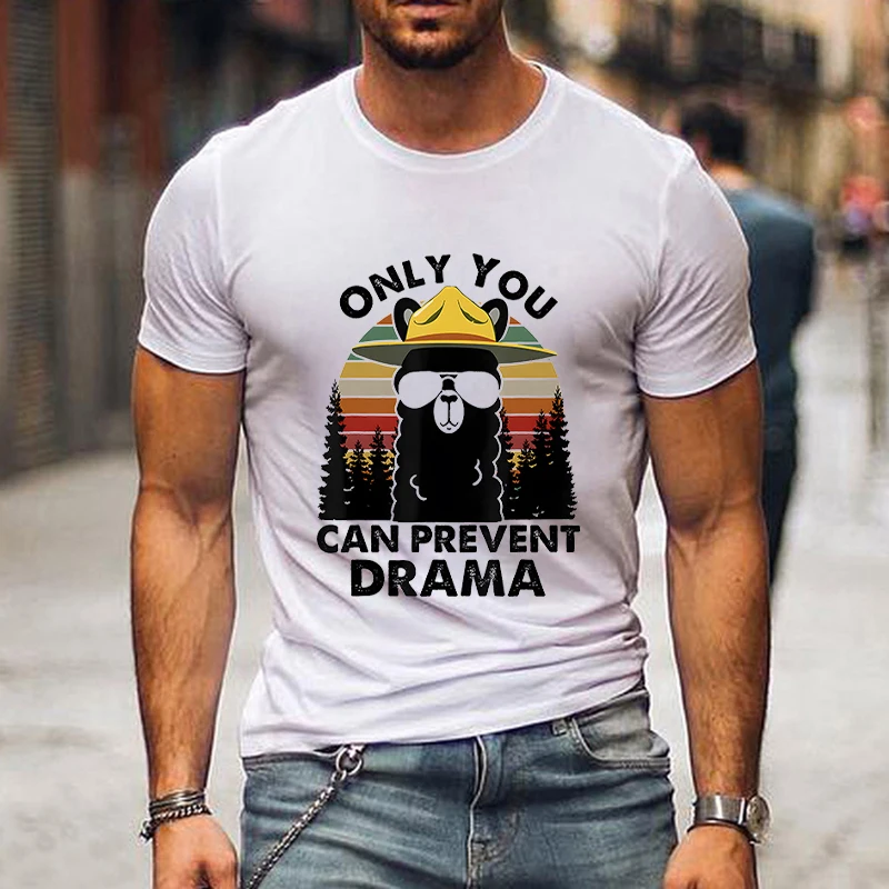 

Llama Men T Shirts Llama Camping Only You Can Prevent Drama Graphic Tee Shirt Vintage Animal Men Summer Harajuku Unisex Tshirt