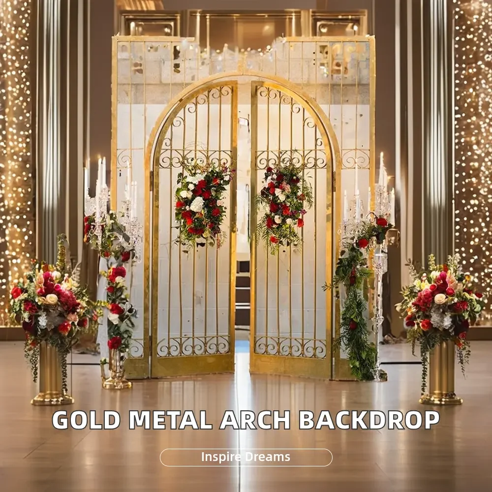 Popular Selling Iron Gold Wedding Hall Props Decoration Entrance Metal Gate Backdrop for Event Party Decoration