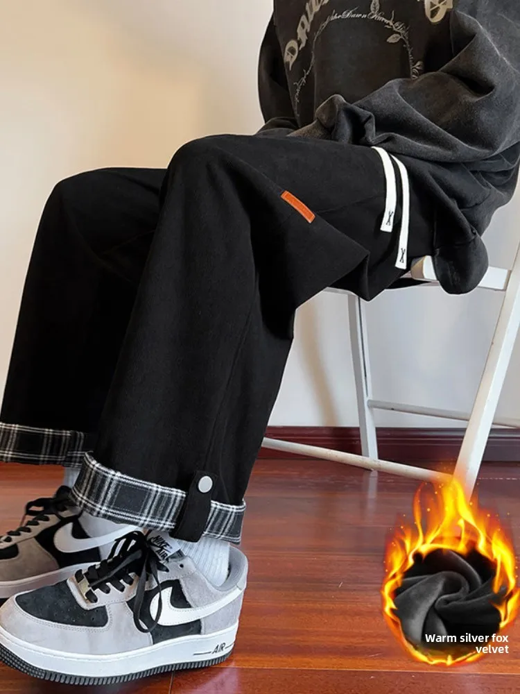 

Мужские повседневные брюки в клетку из утолщенного флиса, осенне-зимние, широкие, длинные, свободного кроя, удобные, прямые штанины