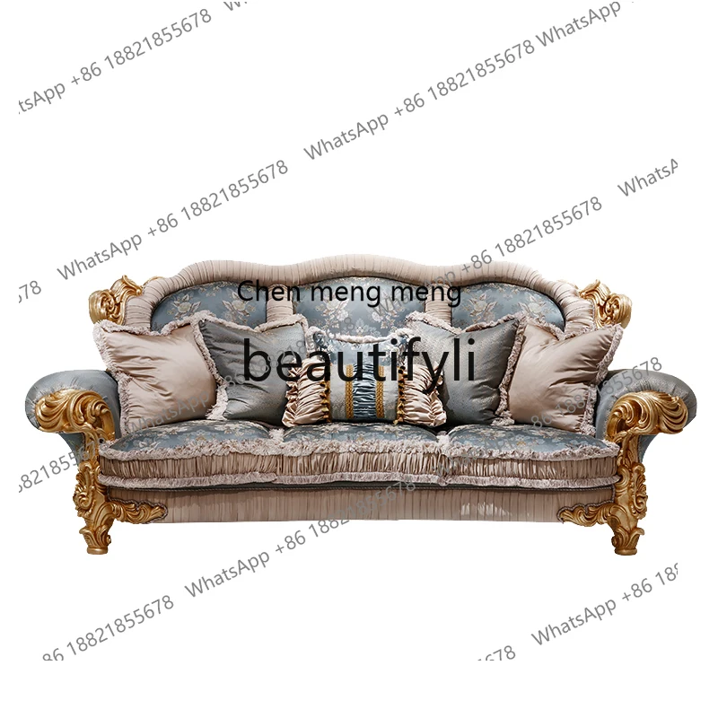 

French luxury furniture champagne gold hand-carved embroidered solid wood fabric sofa