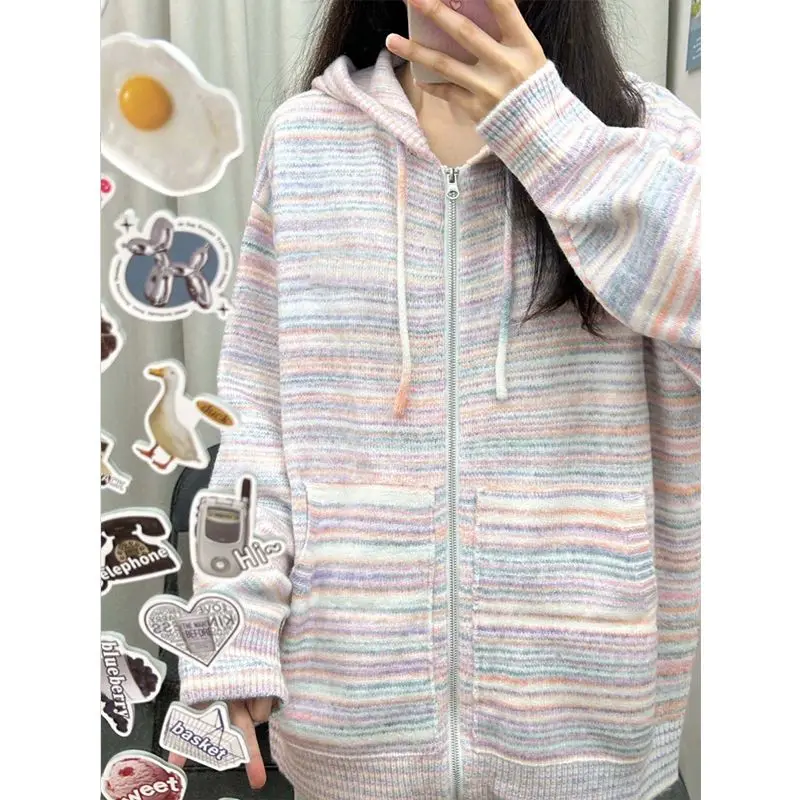 Japanese Y2k Rainbow Striped Kawaii Cardigans Women Autumn All Match Hooded Sweaters Loose Zipper Grunge Knitted Coat Pull Femme