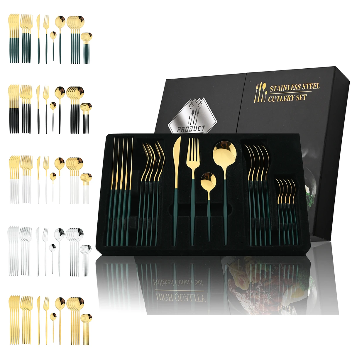 

24Pcs Color Handle Cutlery Set Stainless Steel Knife Fork Spoon Tableware Flatware Set Festival Kitchen Golden Dinnerware Gift