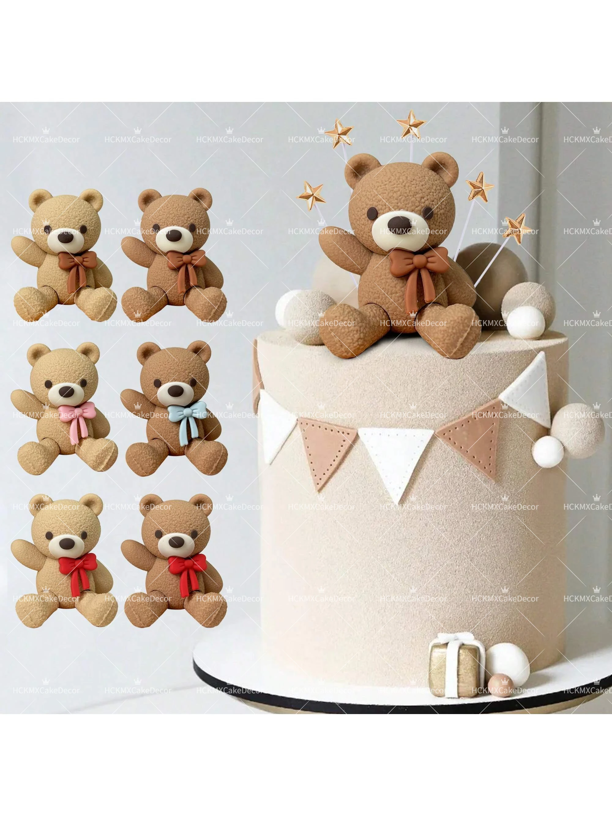 1 Set Niedlicher Brauner Teddybär Tortendekoration mit Stern & Schaumstoff-Harz-Bärenfigur für Baby-Kinder-Geburtstagsparty Tortendekoration – Detail 1