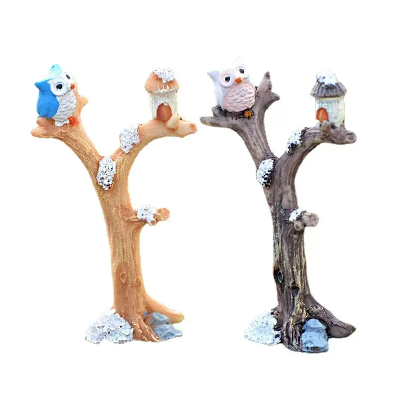 Resin Owl With Tree Figurines Miniatures Birds Ornament Fairy Garden Gnome Statue Crafts Landscape Home Decorations
