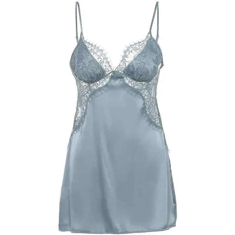 Female Summer Perspective Nightdress Sleepwear Home Clothes Silk Satin Lace Eyelashes Sling Backless Temptation Sexy Lingerie