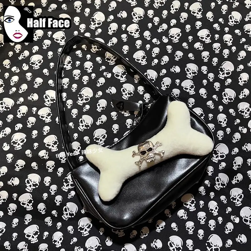 Y2K Girls Harajuku Gothic Punk Small Bone Skeleton Solid Color Women Retro Underarm One Shoulder Lolita Mini Crossbody Bags Tote