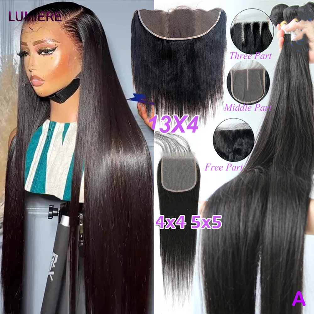 

18A Прямые пучки человеческих волос с застежкой на фронтальной части Бразильские необработанные девственные волосы Плетение 3/4 Пучки с кружевной застежкой 13x4 4x4