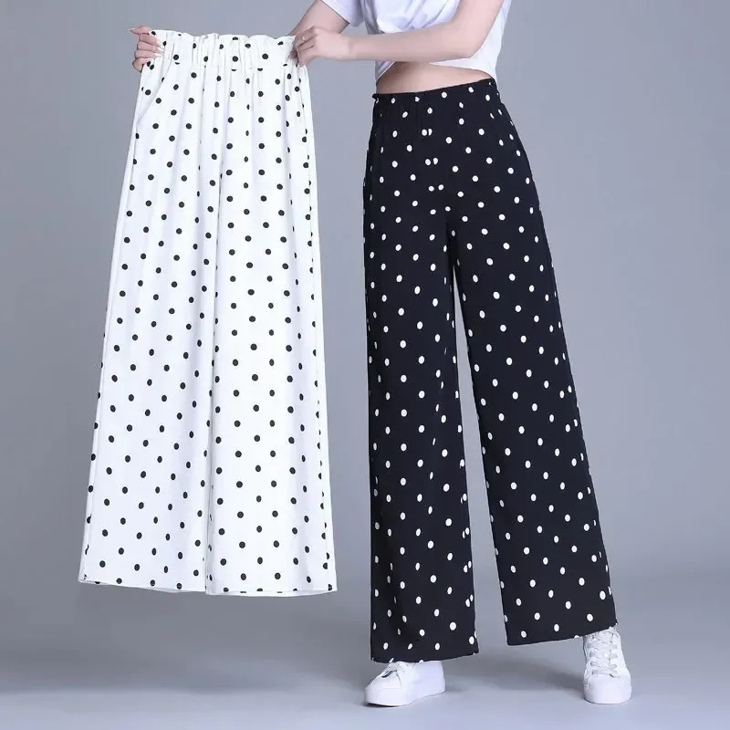 Polka Dots Wide Leg Pants Female Thin Feeling Of Falling New High Waist Leisure Pants Nine Points Wild Straight Pants Z154