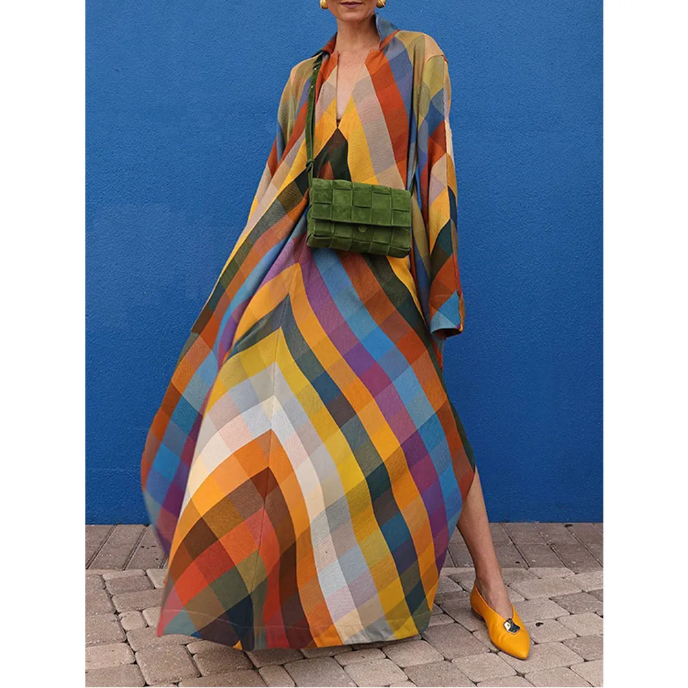 

Свободные платья-Макси контрастных цветов с длинным рукавом, разрезом, V-образным вырезом