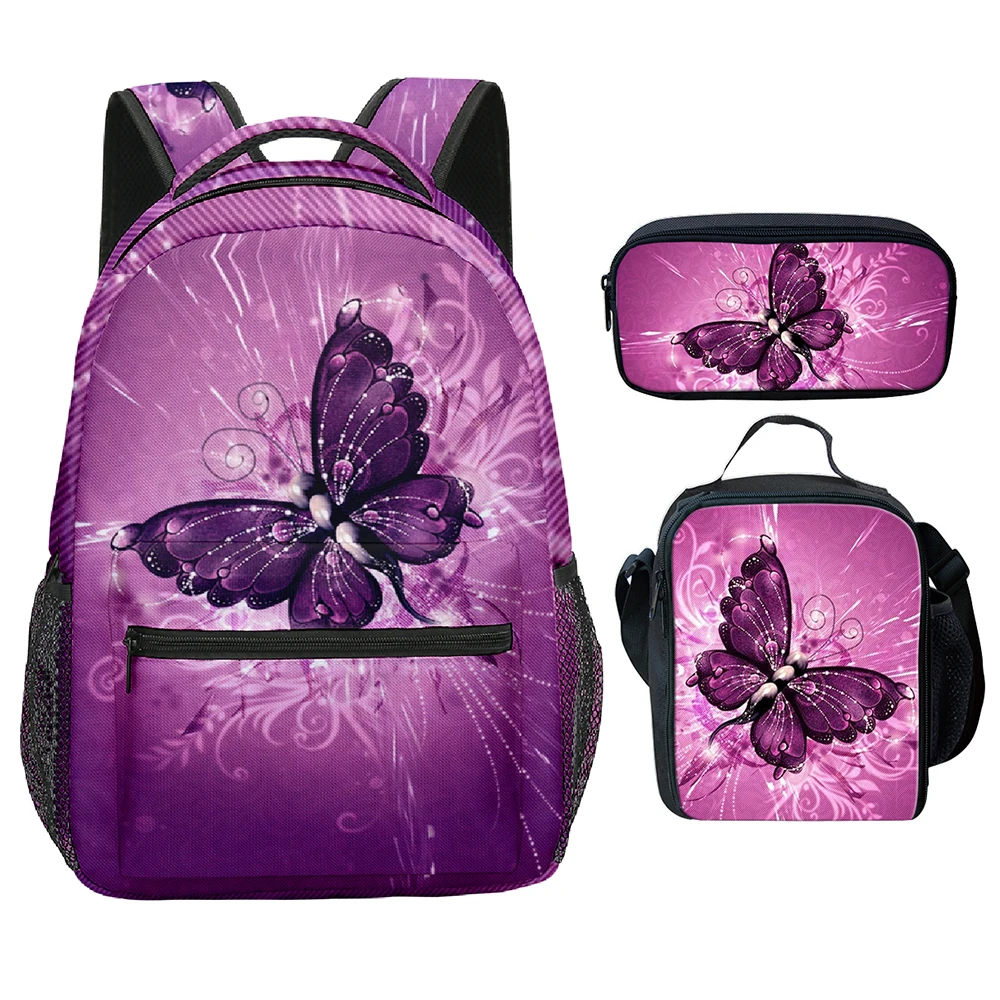 Trendy Youthful Beautiful butterfly 3D Print 3pcs/Set School Bags Laptop Daypack Backpack Crossbody Lunch bag Pencil Case