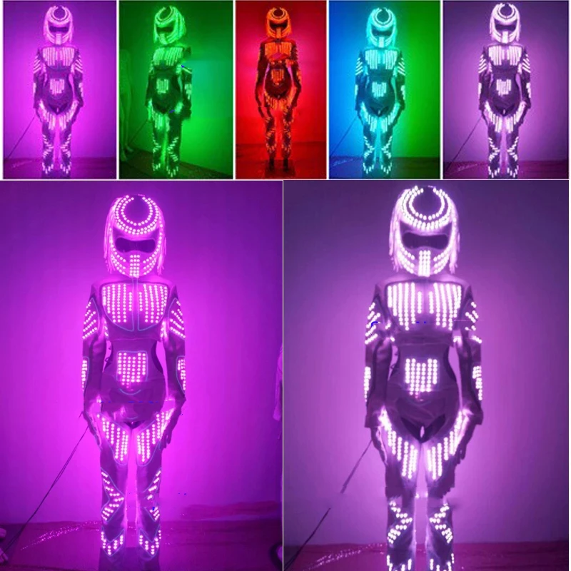 

Robot suit glowing dance costumes Women LED Light up dance costume with predator helmet