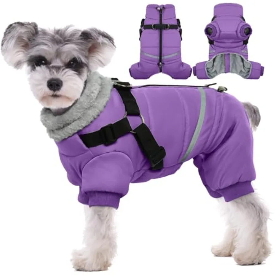 

Purple Dog Coat with Harness, Dog Winter Jacket, Dogs Onesie Body Warm Jackets, Small Medium Dogs Winter Coats Reflective Windp