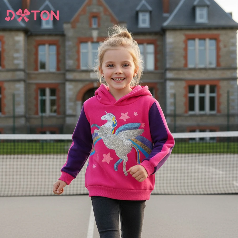 DXTON مقنعين الفتيات البلوز يونيكورن رشاقته طفل ملابس خارجية بلايز الترتر هوديس الشتاء عادية الأطفال الرياضة بلوزات