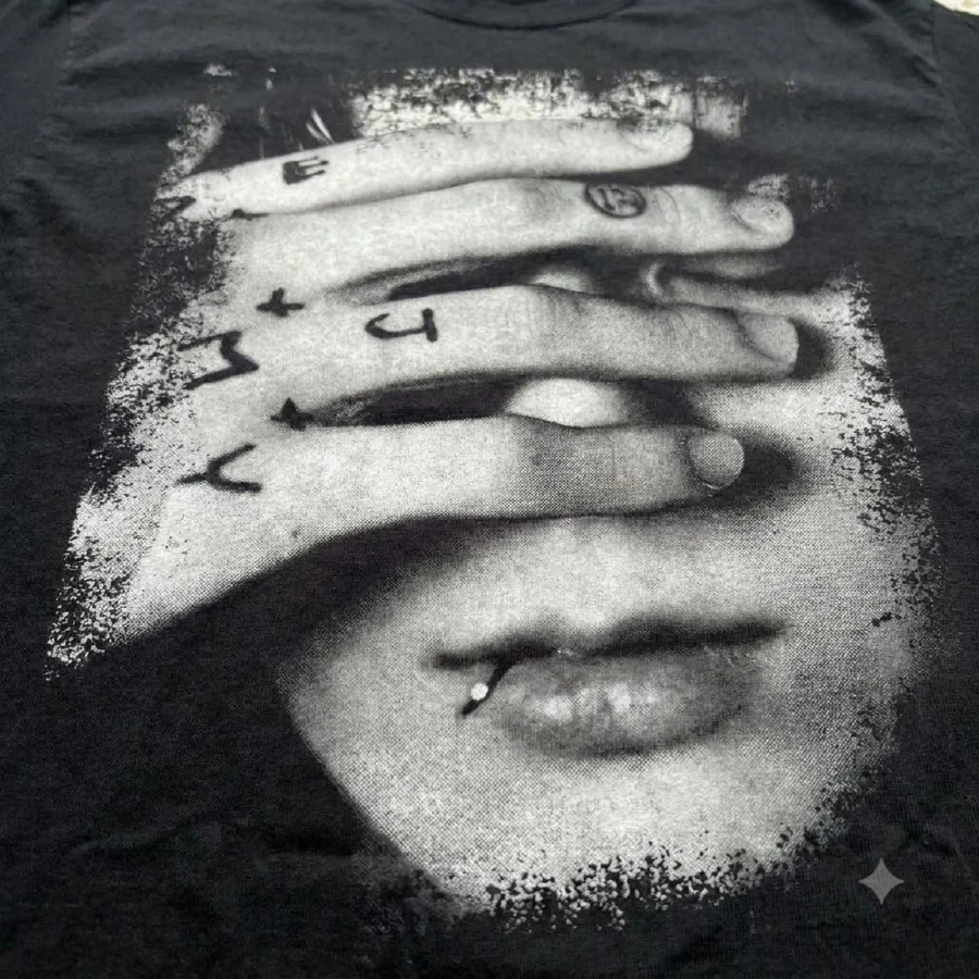 Black Crew Neck T-shirt with Black and White Distressed Pattern, Street Style, Decadent Aesthetics, Men's T-shirt