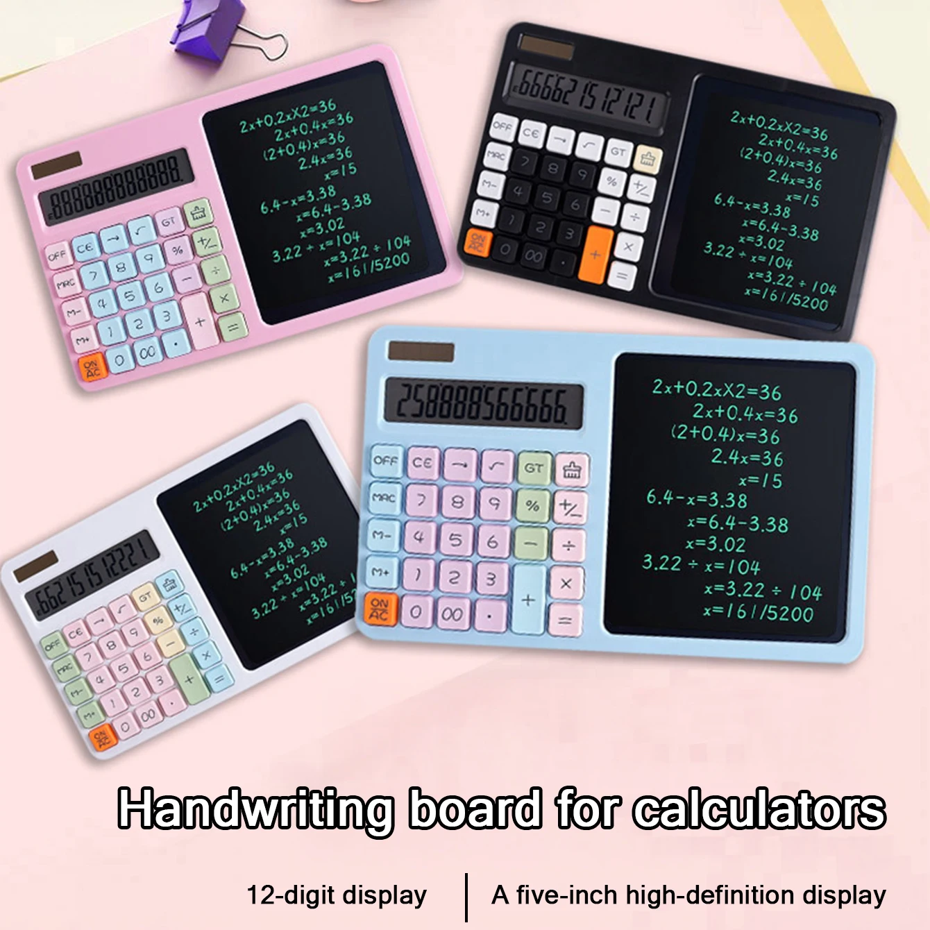 

1 hand-drawn calculator with dual power sources, 12-digit large display screen, built-in pen, and one-click erase function.