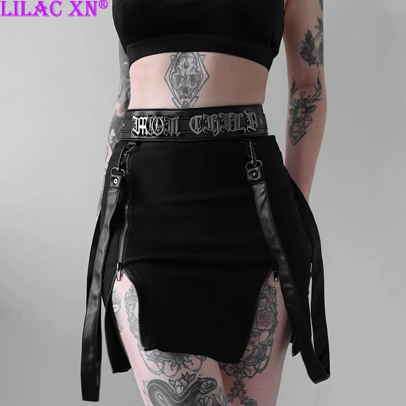 Lilac XN Goth Sexy Black Zipper Split Bodycon Mini Skirts Y2K Vintage High Waisted Short Skirts Women Summer Fashion Streetwear