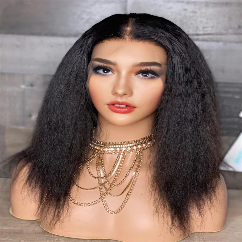 

Soft Long 24Inch Black Yaki Kinky Straight Lace Front Wig For Black Women With BabyHair Preplucked Synthetic Glueless Daily Wig