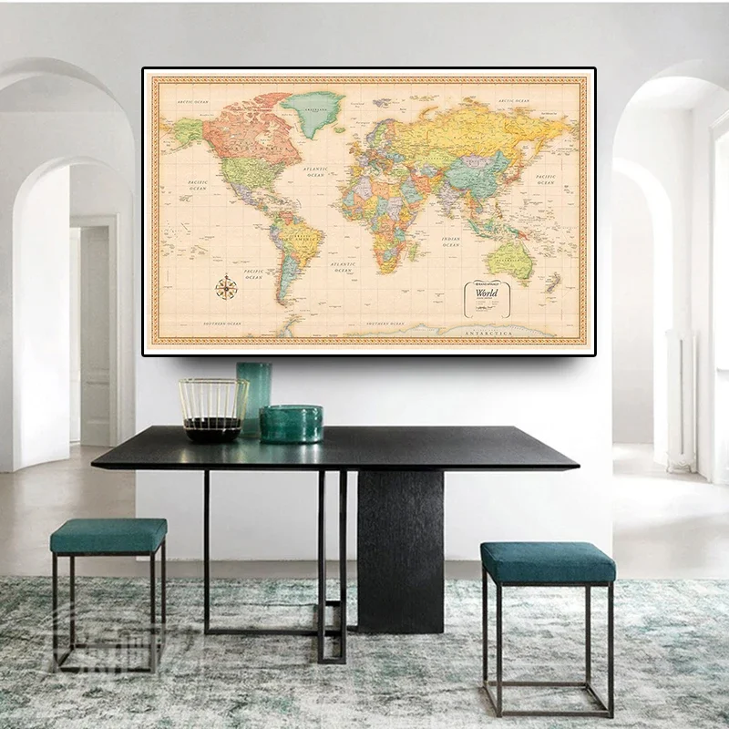 

50x32inch World Wall Map In English Vintage Polyester Cloth Painting Wall Art Poster Wall Home Decoration Office School Supplies