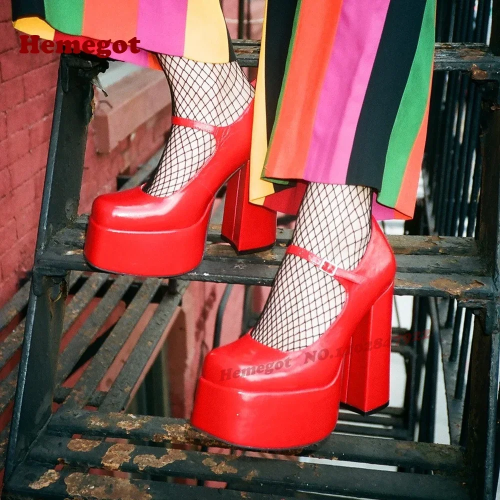 

Red Platform Buckled Pumps Round Toe Block Heeled Shallow Women's Pumps 2025 New Arrival Glossy Patent Leather Shoes Summer