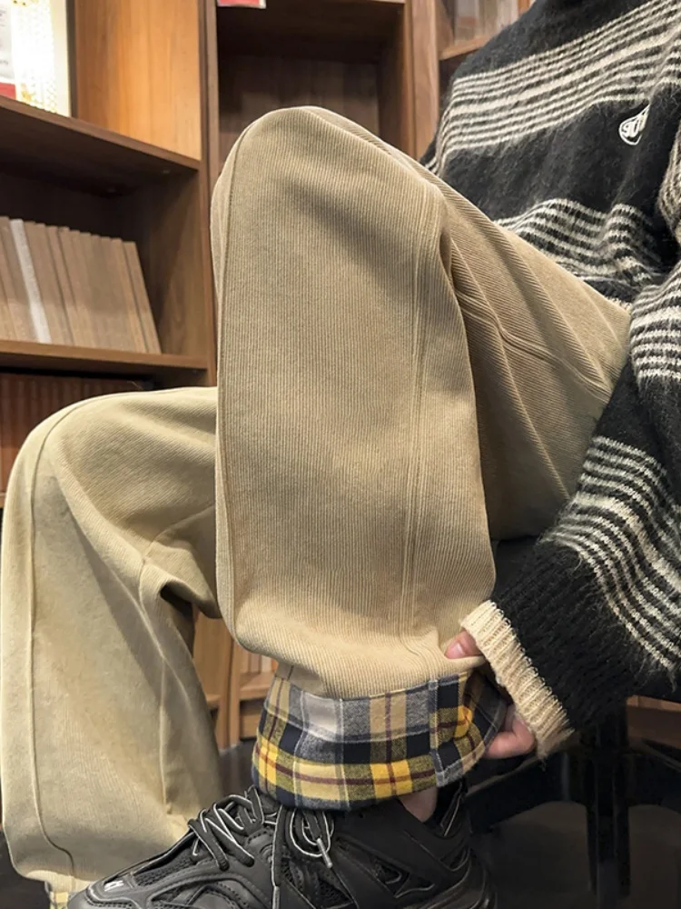 

Мужские зимние утепленные вельветовые брюки на флисовой подкладке, свободные, прямого кроя, повседневные, с дизайнерским клетчатым узором