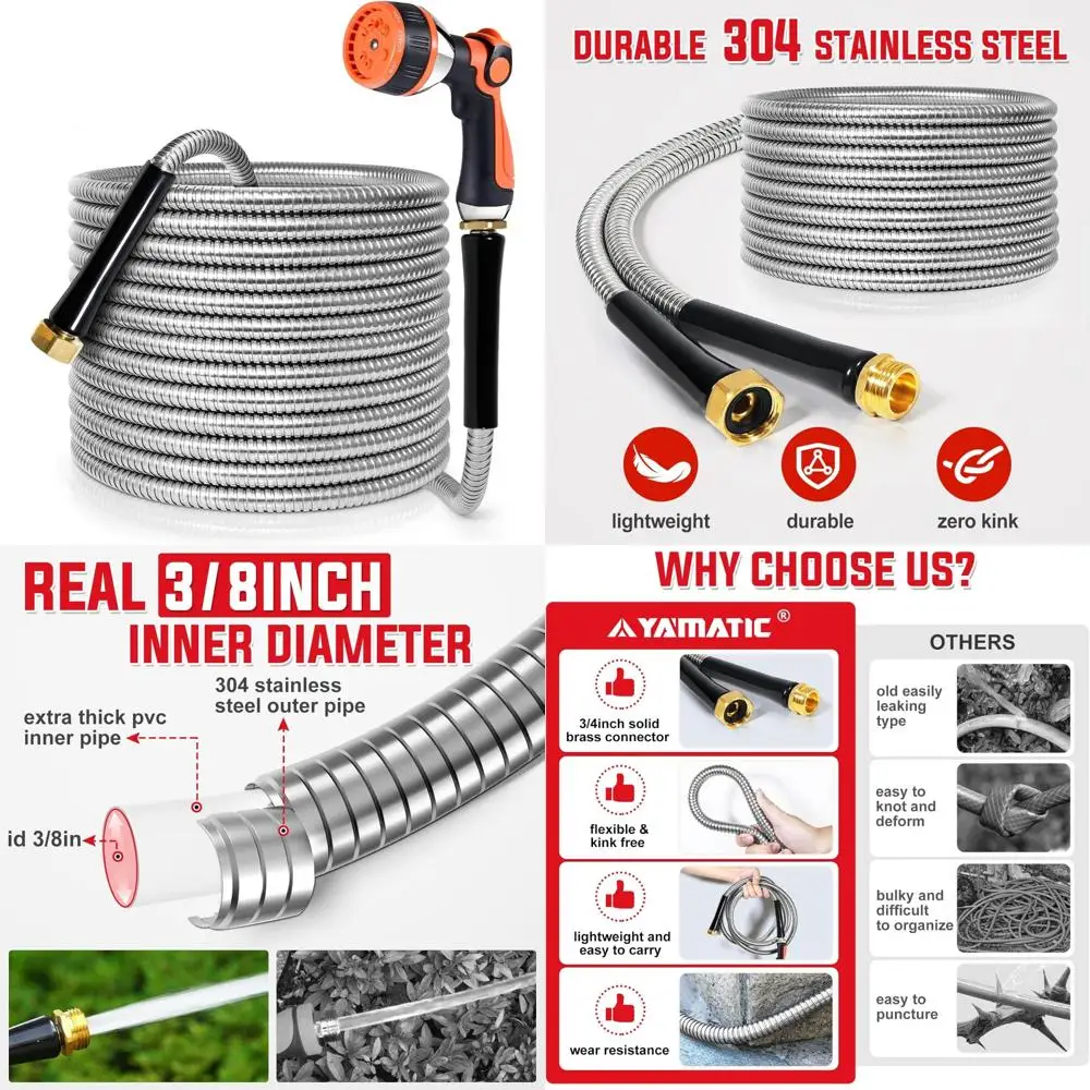 

Садовый шланг из нержавеющей стали длиной 75 футов с 10 распылителями, прочный металл, устойчивый к ударам и ржавчине водяной шланг для улицы U