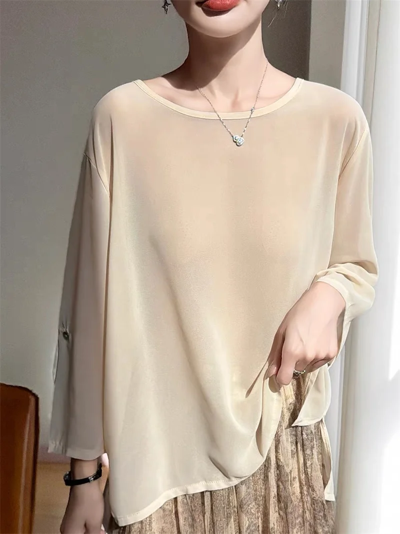 Blusa de chiffon plus size feminina, manga longa, soltinha, transparente, elegante, camisa de primavera, roupa feminina.