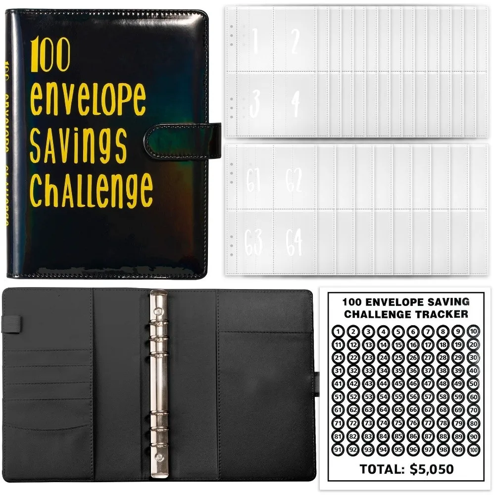 PU Leather Saving Money Binder Durable Loose-Leaf Binder 100Envelopes Challenge Notebook Money Organizer Budget Planner