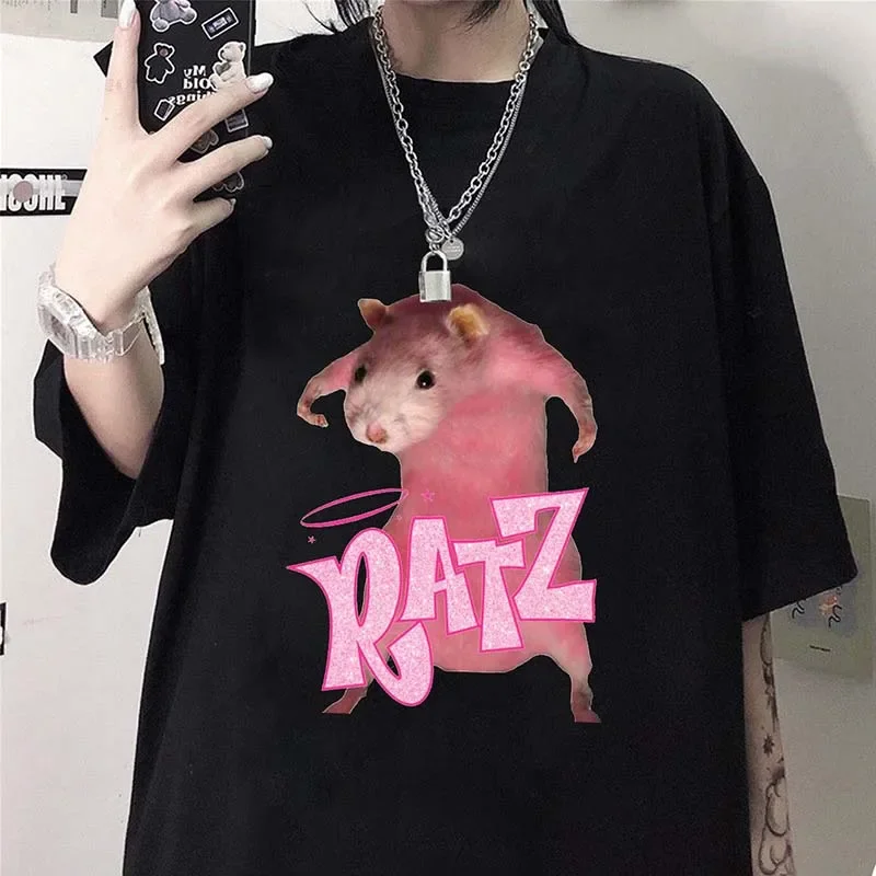 Camiseta con estampado de dibujos animados de ratón Ratz para mujer, ropa de calle informal a la moda, camiseta de manga corta con cuello redondo, ropa informal Y2k