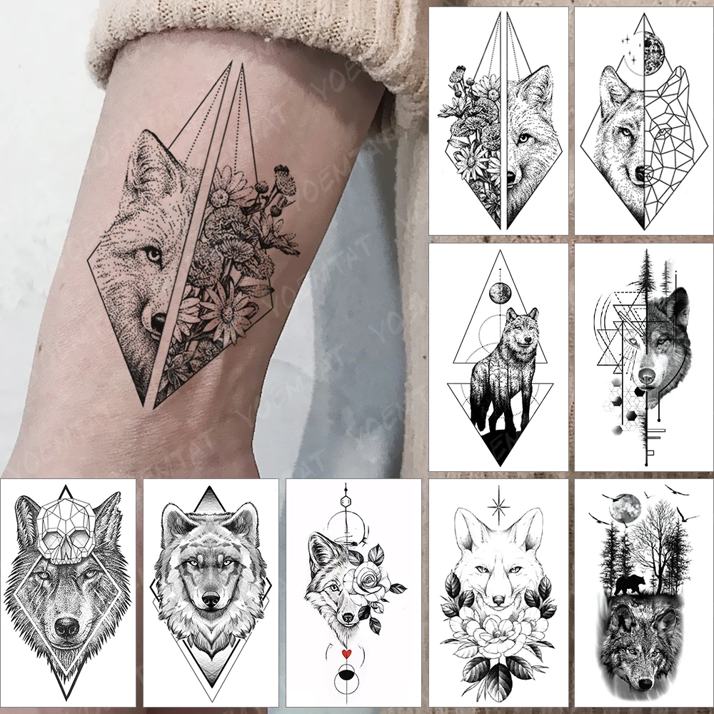 

Children's Geometric Wolf Totem Moon Bird Bear Forest Waterproof Temporary Tattoo Sticker Arm Art For Kids Women Fake Tattoos