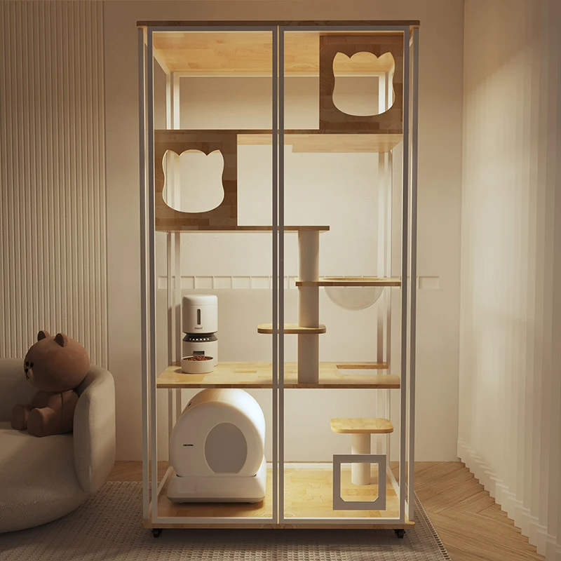 White panoramic cat villa can put automatic litter box, luxury transparent  cage,  house, cabinet, indoor househol