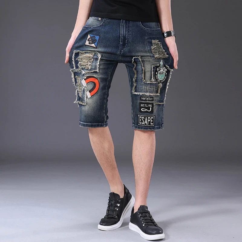 Summer Motorcycle Denim Shorts Men's Personalized Ripped Retro Cropped Pants Embroidered Patch Street Fashion Stretch Pants