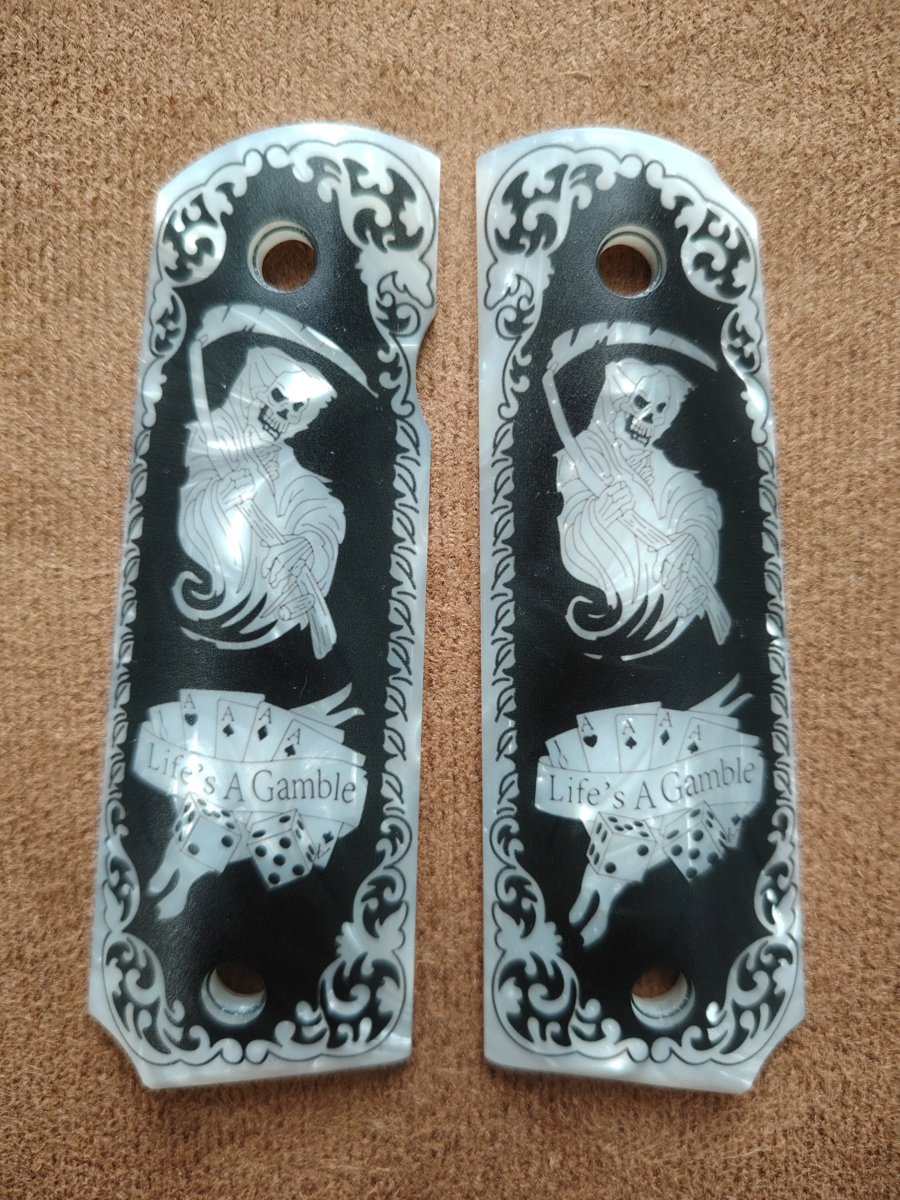 1911 그립스 풀 사이즈, 화이트 펄, 그림 리퍼(사신) 디자인, 콜트, 킴버, 스프링필드, 레밍턴, 록 아일랜드, 거버먼트 커맨더 호환