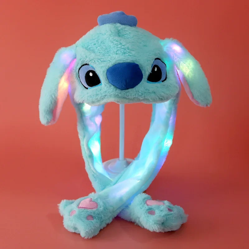 2024 Disney Stitch Glowing Plush Ear Moving Jumping Rabbit Hat Funny Glowing Ear Moving Bunny Hat Cosplay Christmas Party Hat