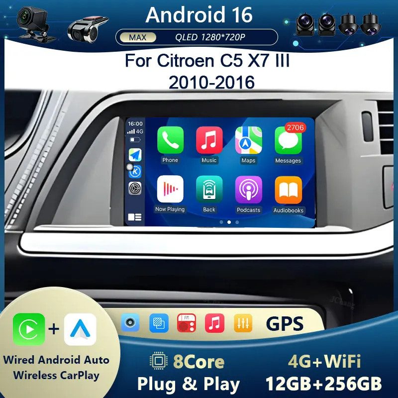 Android 16 WiFi DSP QLED IPS CarPlay Android Auto Bluetooth for Citroen C5 X7 III 2010-2016  GPS Navi Multimedia HD Touch Screen
