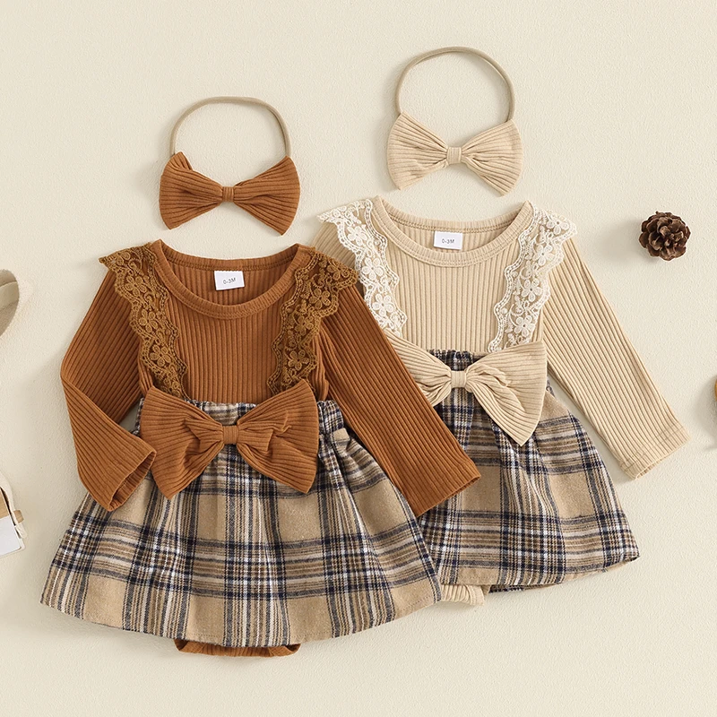 

2024-05-09 Lioraitiin Baby Girl 2Pcs Fall Outfits Long Sleeve Plaid Print Romper Dress with Headband Set Infant Clothes