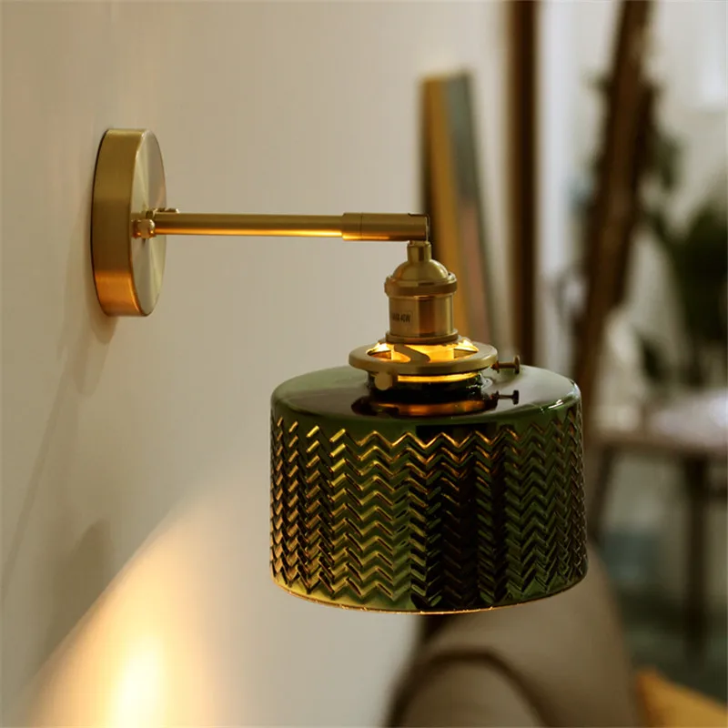 Nordic Green Glass Wall Lamps Bedroom Bathroom Mirror Light with Rotary Switch Retro Copper Wall Sconce Home Decoration Lighting