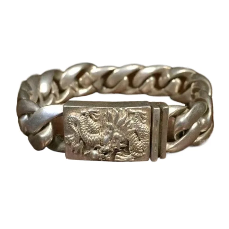 Chinese Asian Old Tibet Silver Hand Cast Dragon Statue Bracelet Fashion jewelry Gift Nice