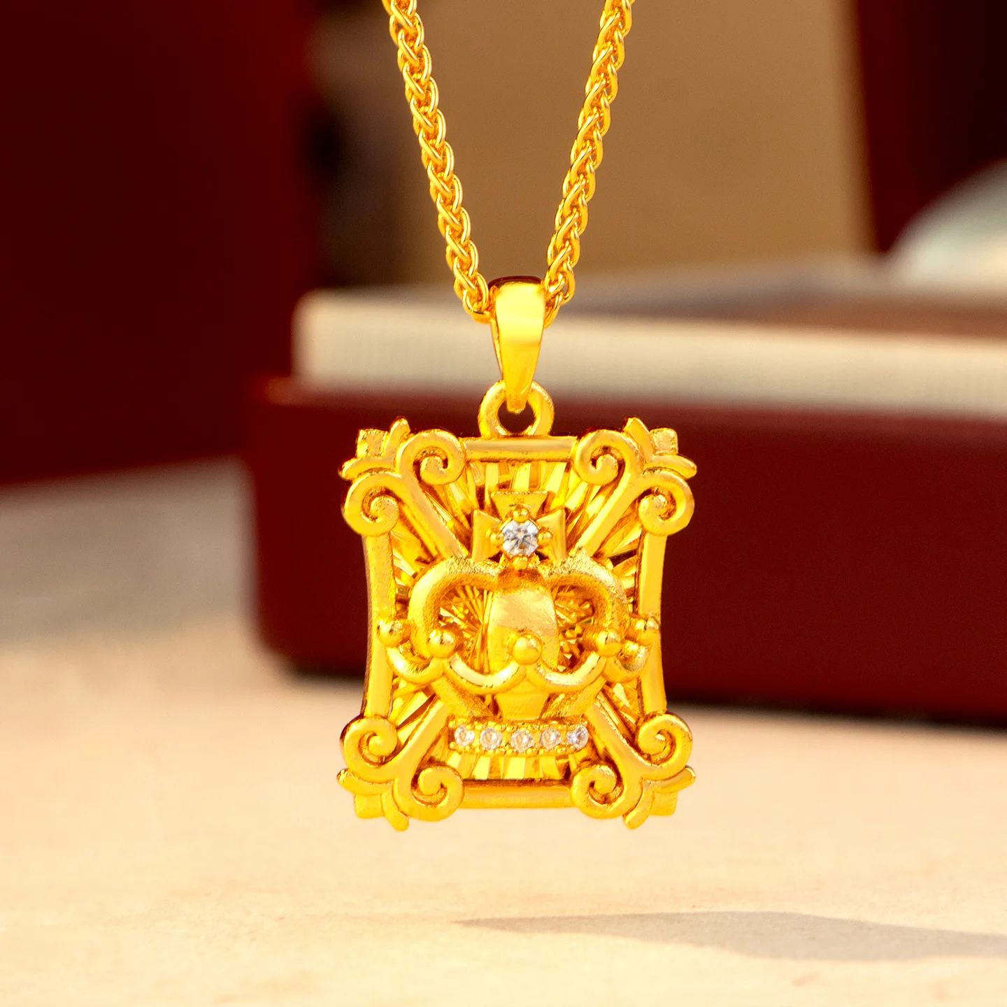 

Luxury 24K 9999 Pure Gold real gold Women's Square Pattern Pendant Necklace