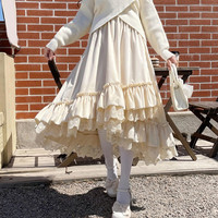 Spring Autumn Winter Women Velvet Long Midi Skirt Preppy Style Female Elastic High Waist Double Layer Lace Ruffled A-line Skirt